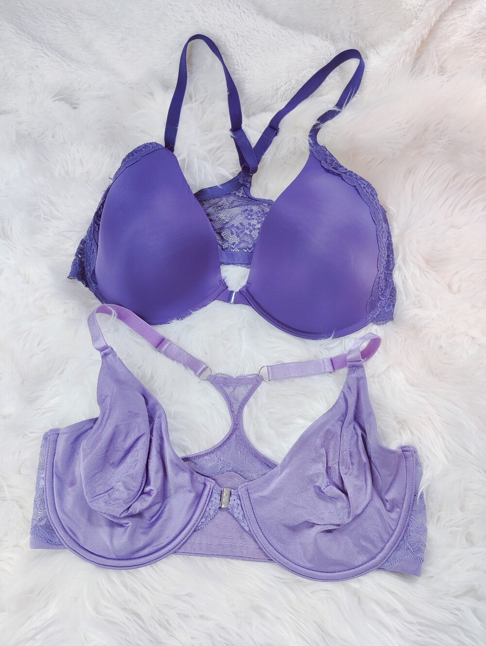 2 Purple Front Closure Lace Racerback Underwire Bras Size 40D Bralette Look Back